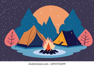 Illustration of a serene winter night at a campsite, featuring minimalist tents surrounding a glowing campfire