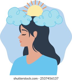 Illustration of a serene woman with closed eyes, featuring a sun rising behind soft clouds above her head, symbolizing mental clarity, positivity, and inner peace.