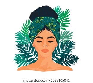 Illustration of a serene woman with closed eyes, wearing a green floral headwrap, surrounded by tropical leaves. Vector design.