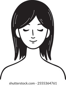 Illustration of a serene woman with closed eyes, conveying tranquility and mindfulness. The minimalist design focuses on meditation and inner peace, using black and white tones for a clean, classic lo