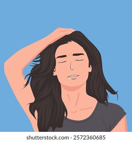 An illustration of a serene woman with flowing black hair, one hand resting on her head, and a relaxed expression on her face against a solid blue background, evokes a sense of calm and serenity.