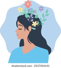 Illustration of a serene woman with her eyes closed, flowers and leaves adorning her hair, representing mental growth, serenity, and emotional well-being. 