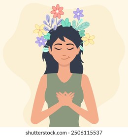 Illustration of a serene woman with her hands on her chest, surrounded by flowers above her head, representing inner peace, mental wellness, and self-care. Ideal for themes related to mindfulness