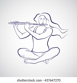 Illustration of a serene woman sitting in easy pleasant sukhasana pose and playing flute. Asana for meditation. Vector illustration