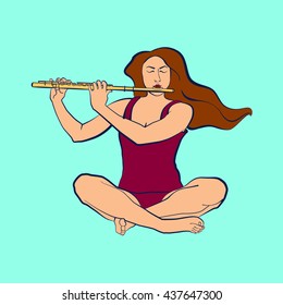 Illustration of a serene woman sitting in easy pleasant sukhasana pose and playing flute. Asana for meditation. Vector illustration