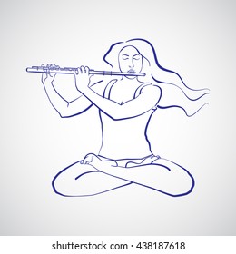 Illustration of a serene woman sitting in easy pleasant Lotus pose and playing flute. Asana for meditation. Padmasana. Vector illustration