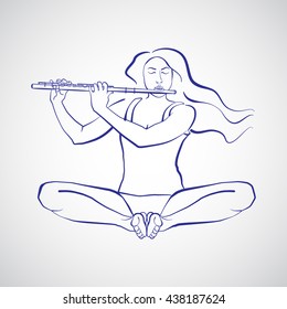 Illustration of a serene woman sitting in easy pleasant Bound Angle pose and playing flute. Asana for meditation. Baddha Konasana. Vector illustration