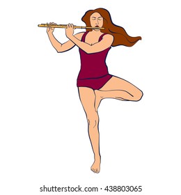 Illustration of a serene woman staying in easy pleasant Tree pose and playing flute. Asana for meditation. Vrikshasana. Vector illustration