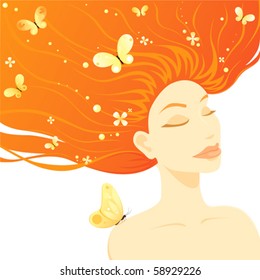An illustration of a serene young red-haired woman with butterflies and flowers in her hair.
