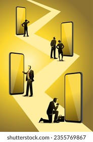 An illustration of a series of business people looking up smart phone concept