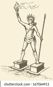 Illustration of a series of vector drawings for the Seven Wonders of the Ancient World. Colossus of Rhodes, a statue of the Greek Titan Helios, erected in the city of Rhodes, on the Greek island