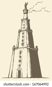 Illustration of a series of vector drawings for the Seven Wonders of the Ancient World.  Lighthouse of Alexandria, also known as Pharos of Alexandria