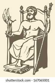 Illustration of a series of vector drawings for the Seven Wonders of the Ancient World. Statue of Zeus at Olympia made by the Greek sculptor Phidias in circa 435 BC at the sanctuary of Olympia, Greece