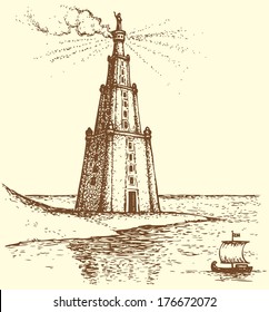 Illustration of a series of vector drawings for the Seven Wonders of the Ancient World. Lighthouse of Alexandria, also known as Pharos of Alexandria