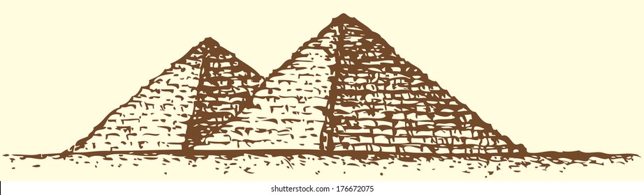 Illustration of a series of vector drawings for the Seven Wonders of the Ancient World. Great Pyramid of Giza (also known as the Pyramid of Khufu or the Pyramid of Cheops) 