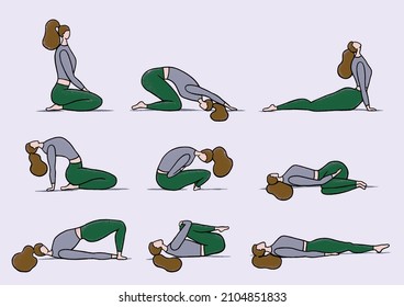 Illustration of a series of yoga poses for winding down before bed. Yoga class instructions, healthy exercise, fitness, lifestyle. Hand drawn illustration with detailed texture. Ready to use design