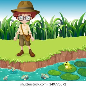 Illustration of a serious looking boy at the riverbank