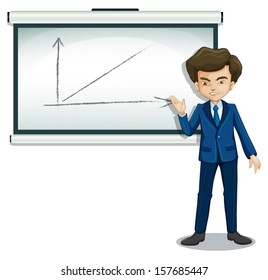 Illustration of a serious looking businessman explaining the graph on a white background