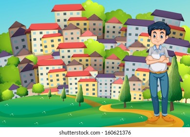 Illustration of a serious man standing at the hilltop across the village