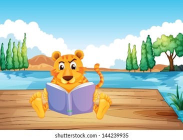 Illustration of a serious tiger reading a book at the diving board