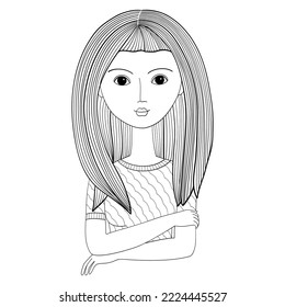 Illustration of serious woman in black and white colors. Waist-length portrait. Arms crossed on chest. Knitted blouse.