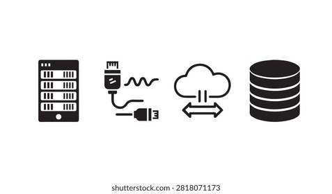 Illustration of server rack hardware connected to cloud storage and database icon
