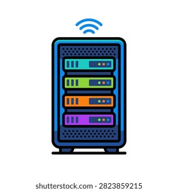 Illustration of a server rack with multiple colorful hard drives and a Wi-Fi signal icon above.