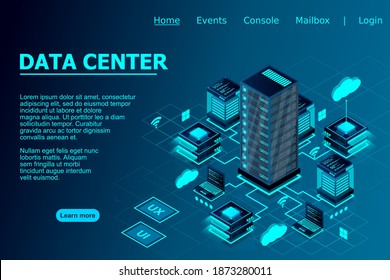 Ilustración de servidores conectados con el servidor principal y el portátil en el diseño isométrico de fondo azul para el concepto de centro de datos, conexión de centro de datos, concepto de almacenamiento en la nube, transferencia de datos.