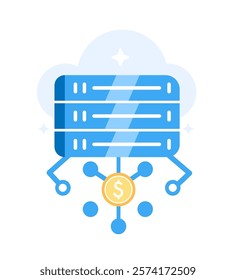 Illustration of servers, hosting, connections and cryptocurrency mining in flat style.