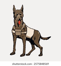 Illustration of a service dog wearing a vest. The service dog stands alert. The vest on the service dog is prominent. The dog appears ready for duty. Vintage illustration isolated on white, vector.