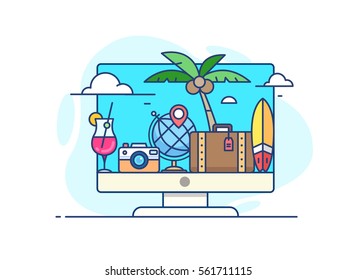 Illustration of service to purchase ticket to the sea with a palm tree, cocktail, surf, watermelon, coconut, a camera, a suitcase with clothes