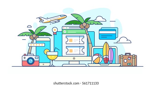 Illustration Of Service To Purchase Ticket To The Sea With A Palm Tree, Cocktail, Surf, Watermelon, Coconut, A Camera, A Suitcase With Clothes And Ball