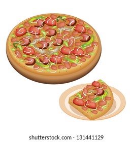 An Illustration of Serving Delicious Pepperoni Pizza and Sliced Pizza with Fresh Tomato, Pesto Sauce, Olives, Basil Leaves and Gobs of Mozzarella Cheese