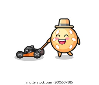 illustration of the sesame ball character using lawn mower , cute style design for t shirt, sticker, logo element
