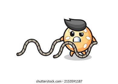 illustration of sesame ball doing battle rope workout , cute design