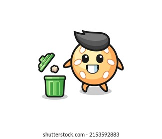 illustration of the sesame ball throwing garbage in the trash can , cute design