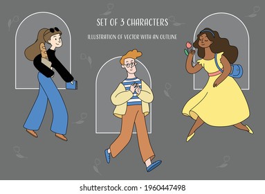 Illustration set 0f 3 character walking pose.vector file