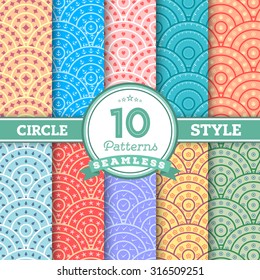Illustration of Set of 10 Different Circle Style Seamless Patterns for your Design, Presentation, Wallpaper. Include Water Drop, Heart, Tick etc. You can find fully worked patterns in swatches library