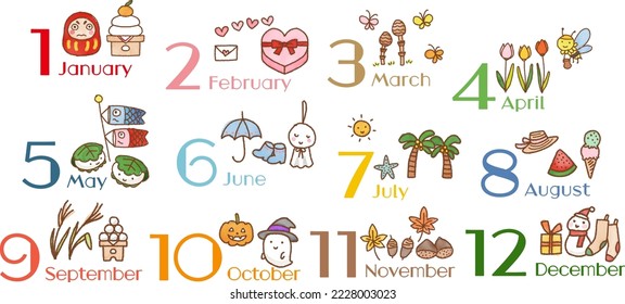 illustration set of 12 months Japanese seasonal tradition