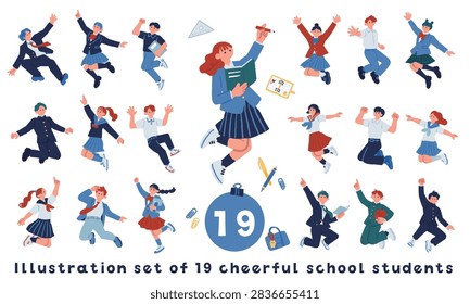 Illustration set of 19 school students jumping as if dancing together