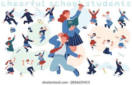 Illustration set of 19 school students jumping as if dancing together