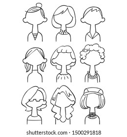 Illustration set 2 of young anonymous woman, no facial expression, black outline