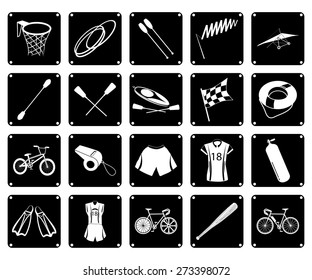 Illustration Set of 20 Assorted Icon of Sport Equipments and Sport Items in Black and White Colors.
