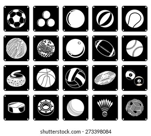 Illustration Set of 20 Assorted Icon of Sport Balls and Sport Items in Black and White Colors.
