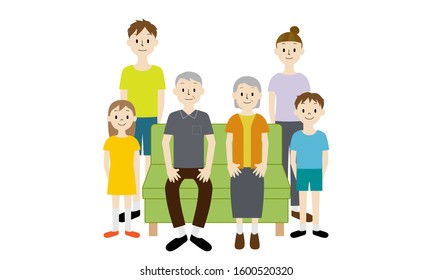 Illustration set of 3 generation family (around the grandparents sitting on the chair)