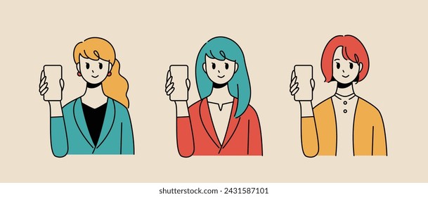 Illustration set of 3 patterns of women showing smartphones