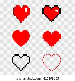 Illustration Set 3d 8 Bit Pixel Art Isometric Cartoon Love Symbols Red Heart Icon Isolated On Clear Transparent Background / Vector Eps 10