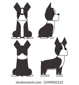Es una ilustración de un conjunto de 4 poses gráficas y simples de perro (Boston Terrier).