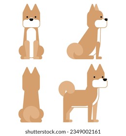 It is an illustration of a set of 4 graphical and simple dog poses (Shiba Inu).