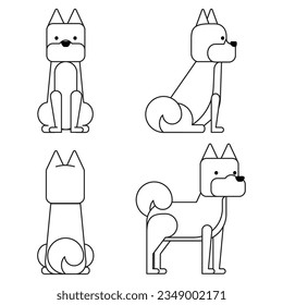 It is an illustration of a set of 4 graphical and simple dog poses (Shiba Inu).